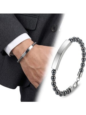 Fm 💎 Premium Hematit Beyaz İsim Yazılabilir Ve Çelik Zincir Bileklik 31832B29D9  -  23 cm