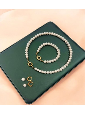 Taşmir Sertifikalı 8-9 mm Gerçek Doğal Inci Kolye Bileklik Küpe Set - 14 K Altın Kaplama Aparatlar