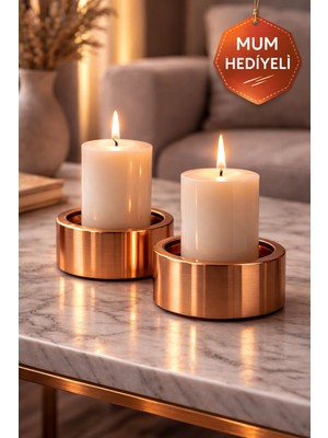 2’li Bakır Dekoratif Mum Hediyeli- Şık Ev Dekoru-Masaüstü Mumluk-Premium Dekor