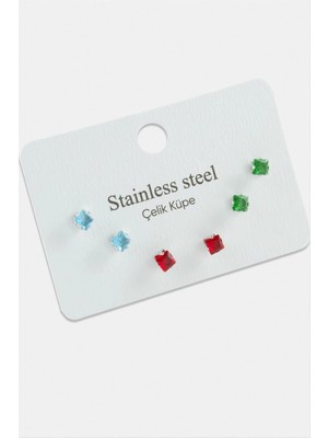 MidasTech 6 Adet Kare Zirkon Tek Taşlı Çelik Küpe Nemere