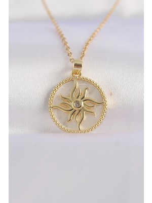 Bazarhane 316L Çelik Zincir Altın Renk Zirkon Taşlı Oval Tasarım Güneş Kolye