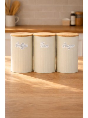 Decorev Bambu Kapaklı Metal Çay Kahve Şeker Kavanoz Seti