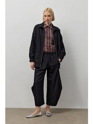 Molene Siyah Çift Fermuarlı Dik Yaka Bomber Ceket