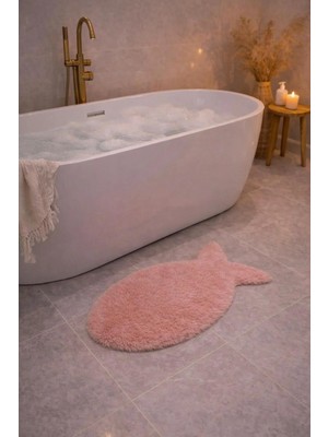 Saymine Kuzu Peluş Süet Taban Ince Banyo Paspası - Balık Desenli Yumuşak Tüy Dokusu