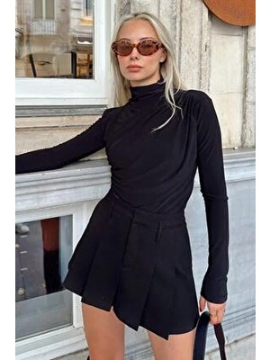 Swist Siyah Yarım Balıkçı Omuz ve Bel Drapeli Kadın Bluz Crop