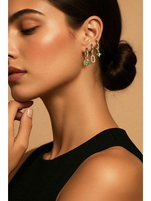 La Florine Üçlü Yeşil Zirkon Taşlı Gold Küpe