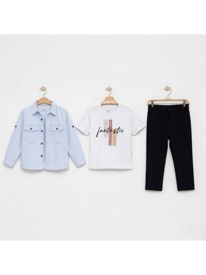 essoff Erkek Çocuk Bayramlık 3'lü Takım Gömlek Tişört Pantolon Şık Kombin 2-5 Yaş