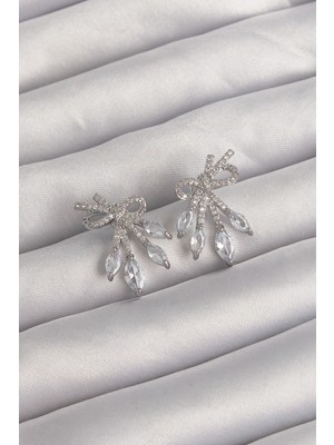 Bazarhane Pirinç Gümüş Renk Zirkon Taşlı Fiyonk Küpe