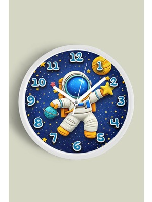 JHAAR Astronot ve Yıldızlarla Uzay Keşfi Temalı Çocuk Odası Duvar Saati - 25CM - Önü Camlı Beyaz Kasa