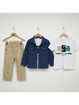 essoff Erkek Çocuk Bayramlık 3'lü Takım Gömlek Tişört Pantolon Şık Kombin 2-5 Yaş