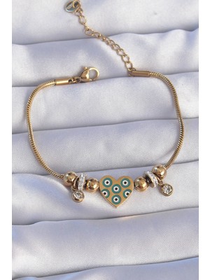 Bazarhane 316L Çelik Gold Renk Zirkon Taşlı Nazarlı Kalp Tasarımlı Bileklik