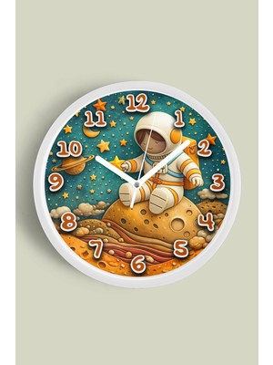 JHAAR Uzay ve Astronot Temalı Çocuk Odası Duvar Saati - 25CM - Önü Camlı Beyaz Kasa