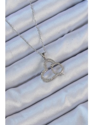 Bazarhane 316L Çelik Zincir Gümüş Renk Zirkon Taşlı Yüzüklü Kalp Kolye