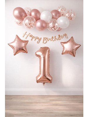 Rose Gold Konsept 1 Yaş Doğum Günü Kutlama Seti; Beyaz Gold Konfetili Balon, Rakam Yıldız Folyo ve Banner