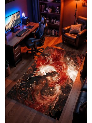 Charmbi Kızıl Tilki Desenli Halı – Kaymaz Taban Kadife Dokulu Makinede Yıkanabilir Gamer Genç Odası Halısı