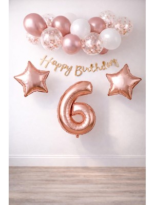 Patladı Gitti Rose Gold Konsept 6 Yaş Doğum Günü Kutlama Seti; Beyaz Gold Konfetili Balon, Rakam Yıldız Folyo ve Banner