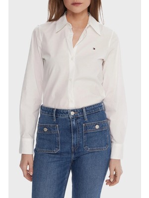 Tommy Hilfiger Logolu Pamuk Karışımlı Regular Fit Uzun Kollu Gömlek Bayan Gömlek WW0WW47169 Ycf