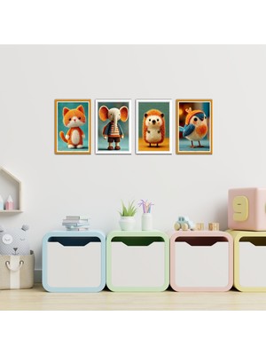 TASARIM ŞEYLER 4 Parça Hayvan Figürlü Çocuk ve Bebek Odası Mdf Tablo Seti - Kuş, Kirpi, Kedi, Fil