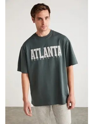 Grimelange Atlanta Erkek %100 Pamuklu Kısa Kollu Baskı Detaylı Yeşil T-Shirt