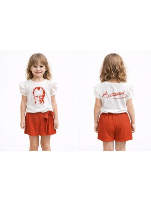 Sibel Günay Butik Kız Çocuk Atatürk Baskılı Tişört Kırmızı Önü Etek Arkası Şort Takım–23 Nisan, 29 Ekim Özel Tasarım