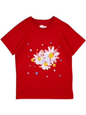 Bubuga Kız Çocuk %100 Pamuk Kırmızı Hello Papatya Baskılı Kısa Kol Tshirt