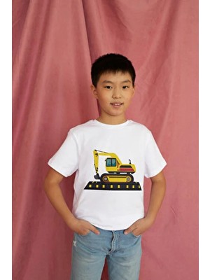 Bubuga Erkek Çocuk %100 Pamuk Premium Iş Makinesi Baskılı Kısa Kol Tshirt