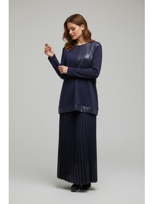 Ece Giyim Kadın Bluz Önü Taş Detaylı Etek Ucu Bantlı Bisiklet Yaka Etek Beli Lastikli Pliseli Ikili Takım