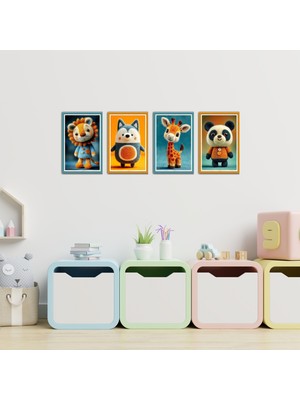 TASARIM ŞEYLER 4 Parça Hayvan Figürlü Çocuk ve Bebek Odası Mdf Tablo Seti - Zürafa, Panda, Aslan, Kurt