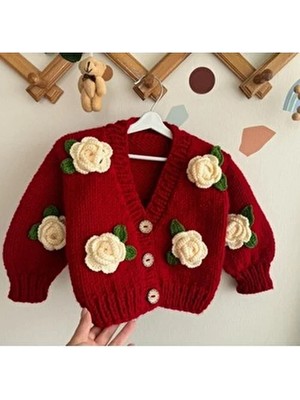 Gül Detaylı El Örgüsü Çocuk Hırka Uzun Kol Kırmızı Örme Kumaş Çiçek Desenli