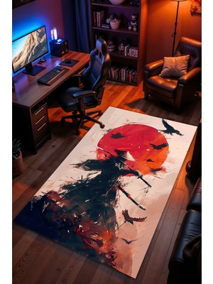 Charmbi Samuray Desenli Halı – Kaymaz Taban Kadife Dokulu Makinede Yıkanabilir Gamer Genç Odası Halısı