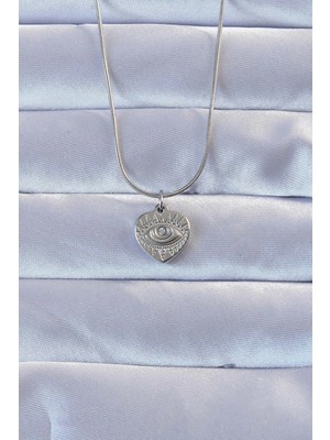 Bazarhane 316L Gümüş Renk Zirkon Taşlı Işlemeli Göz Detay Kalp Kolye