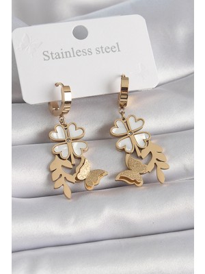 Bazarhane 316L Çelik Gold Renk Beyaz Sedefli Yonca Simli Kelebek Figür Kadın Küpe