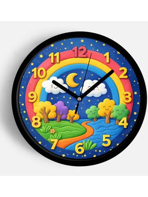 JHAAR Gökkuşağı Tasarımlı Doğal Manzara Temalı Çocuk Odası Duvar Saati - 25CM - Önü Camlı Siyah Kasa