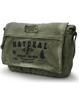 Cappadocia Vintage Haki Yeşil 4028 Salaş Omuz Çantası Pamuk Kanvas Postacı 15.6 Laptop Okul Seyahat Günlük Vintage Retro