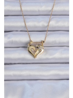 Bazarhane 316L Çelik Zincir Altın Renk Zirkon Taşlı Mıknatıslı Kalp Kolye