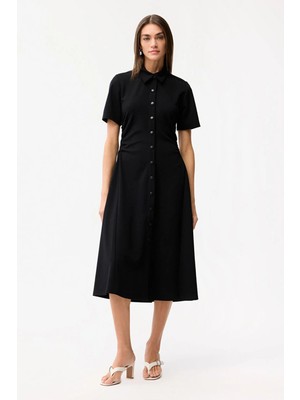 Love My Body Yakalı Yanları Büzgü Detaylı Elbise Siyah 124L9932000