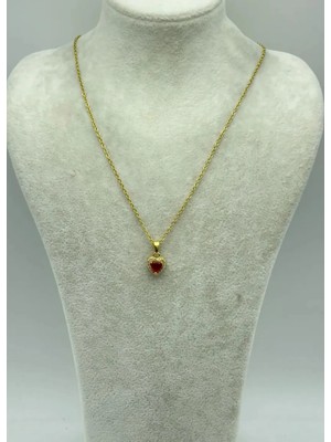 Biju Yılmaz Çelik Gold Kırmızı Taşlı Kalp Kolye - 25-CTR212