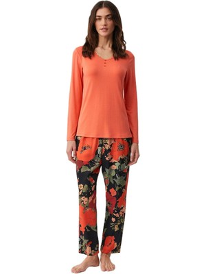 Penye Mood Kadın Turuncu Pijama Takımı PM9911