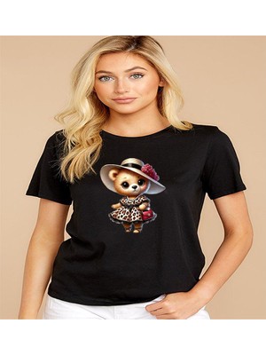 ÇARŞI47 Kadın Tişört Yuvarlak Yaka Ayıcık Baskılı 3D Baskı Kalitesi ile