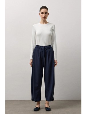 Molene Lacivert Pile Detaylı Rahat Kesim Duble Paça Pantolon