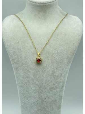 Biju Yılmaz Çelik Gold Kırmızı Taşlı Tek Taş Kolye - 25-CTR189