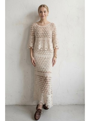 BRTC Design Kadın Bej Full Dantel Işlemeli Bluz Etek Takım