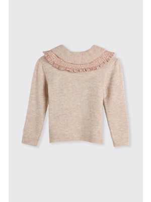 Panço Kız Çocuk Uzun Kol Bej-Melanj Triko Çıkarılabilir Yaka Detaylı Desenli