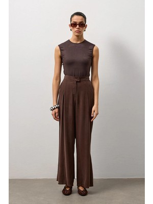 Molene Kahverengi Pile Detaylı Palazzo Pantolon