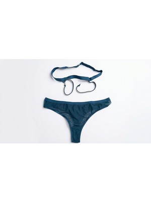 Petrol Yeşili Tül Yüksek Bel Taş Detaylı Tanga Külot