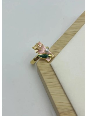 Biju Yılmaz Çelik Gold Pembe Çiçekli Incili Ayarlanabilir Yüzük - 25YZK220
