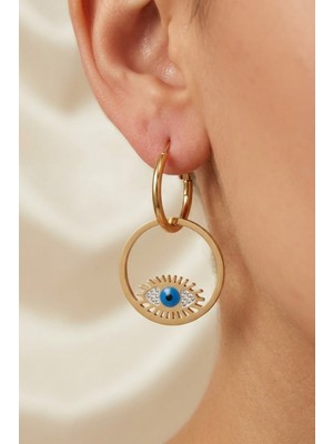 Lykos Çelik Gold Renk Zirkon Taşlı Mavi Göz Tasarımlı Halka Küpe
