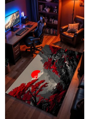 Charmbi Kızıl Orman Tapınağı Halı – Kaymaz Taban Kadife Dokulu Makinede Yıkanabilir Gamer Genç Odası Halısı