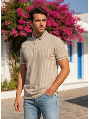 Nakşi Giyim Erkek Polo Yaka Çizgili Triko Tişört Düğmeli Kısa Kollu Günlük Şık Üst