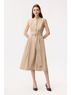 Adl Kolsuz Kuşaklı Elbise Bej 12446426000
